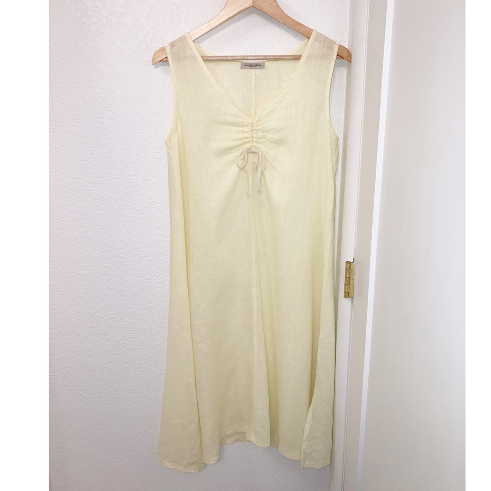 FRANCESCA BETTINI 💯 Linen Made in Italy 🇮🇹 Butter Yellow V-Neck Midi Dress SZ: S